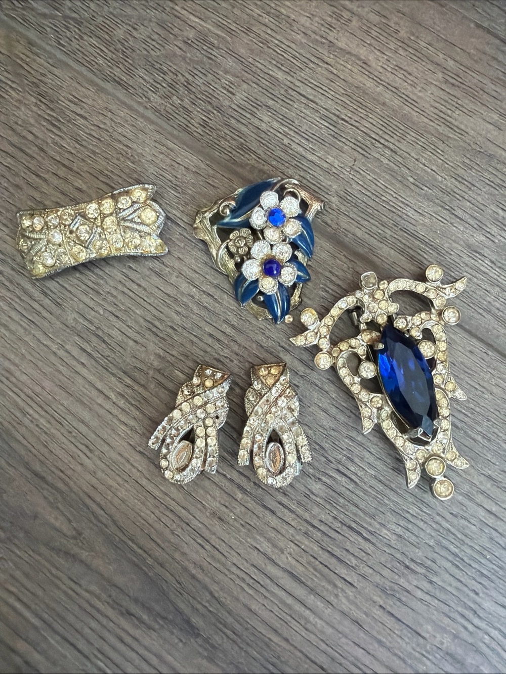 Vintage Blue and Gold Crystal Shoe Clips Pair & Singles Enamel& Rhinestones